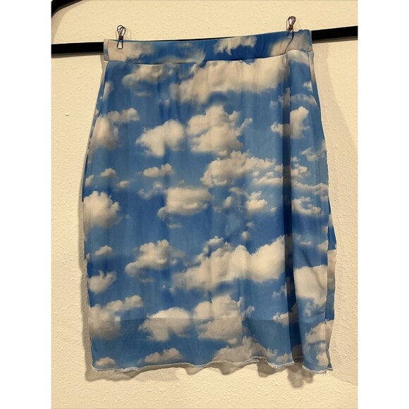 90s Y2K Sky Clouds Print Sheer Mesh Mini Skirt Grunge Rave‎ Hippie Retro Size 2 - Picture 2 of 11